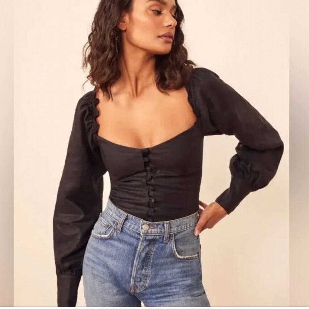 Reformation Hogan Long Sleeve Linen Top Black Size XS / 0